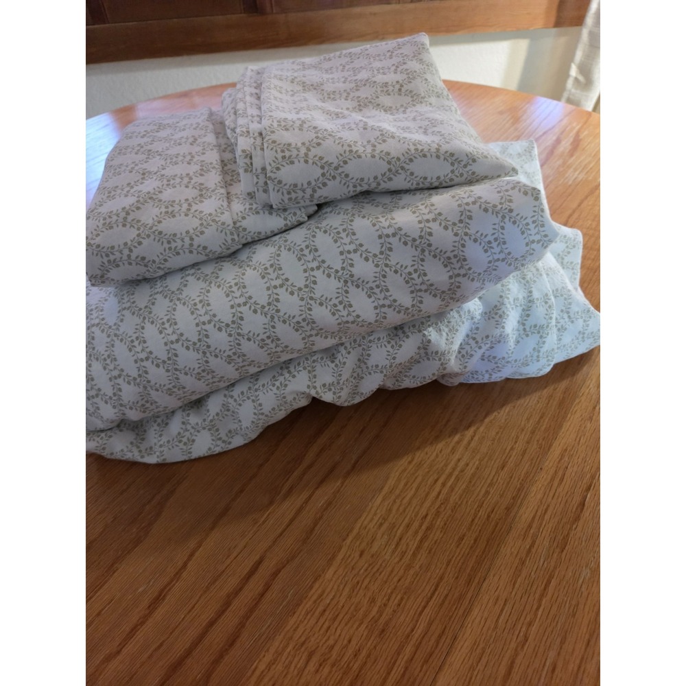 Purely Organic Full Sheet Set White Green Floral Flat Fitted 2 Cases
